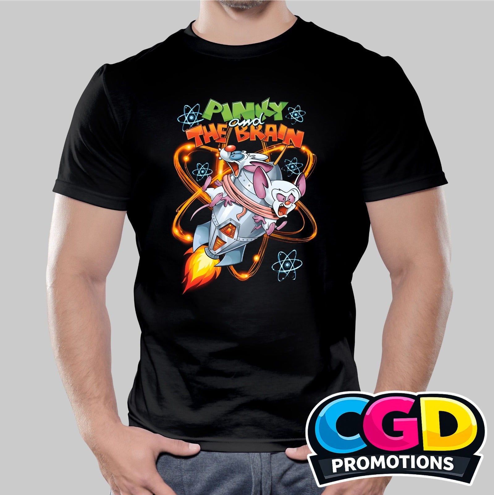 Retro Lab Mice printed T-shirt featuring cartoon-style laboratory mice riding a rocket with colourful science-inspired artwork