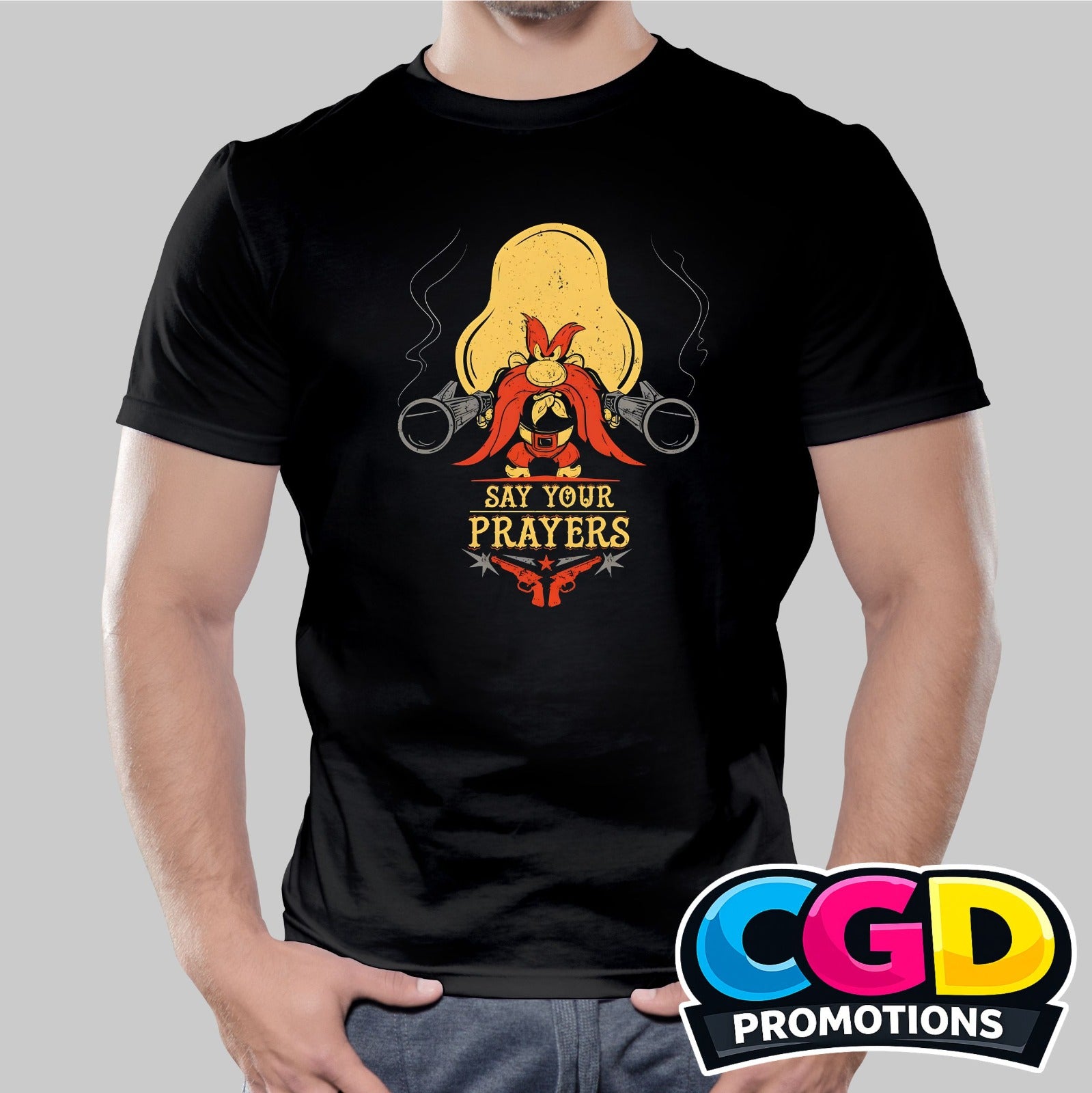 Say Your Prayers printed T-shirt featuring a funny cartoon character graphic design