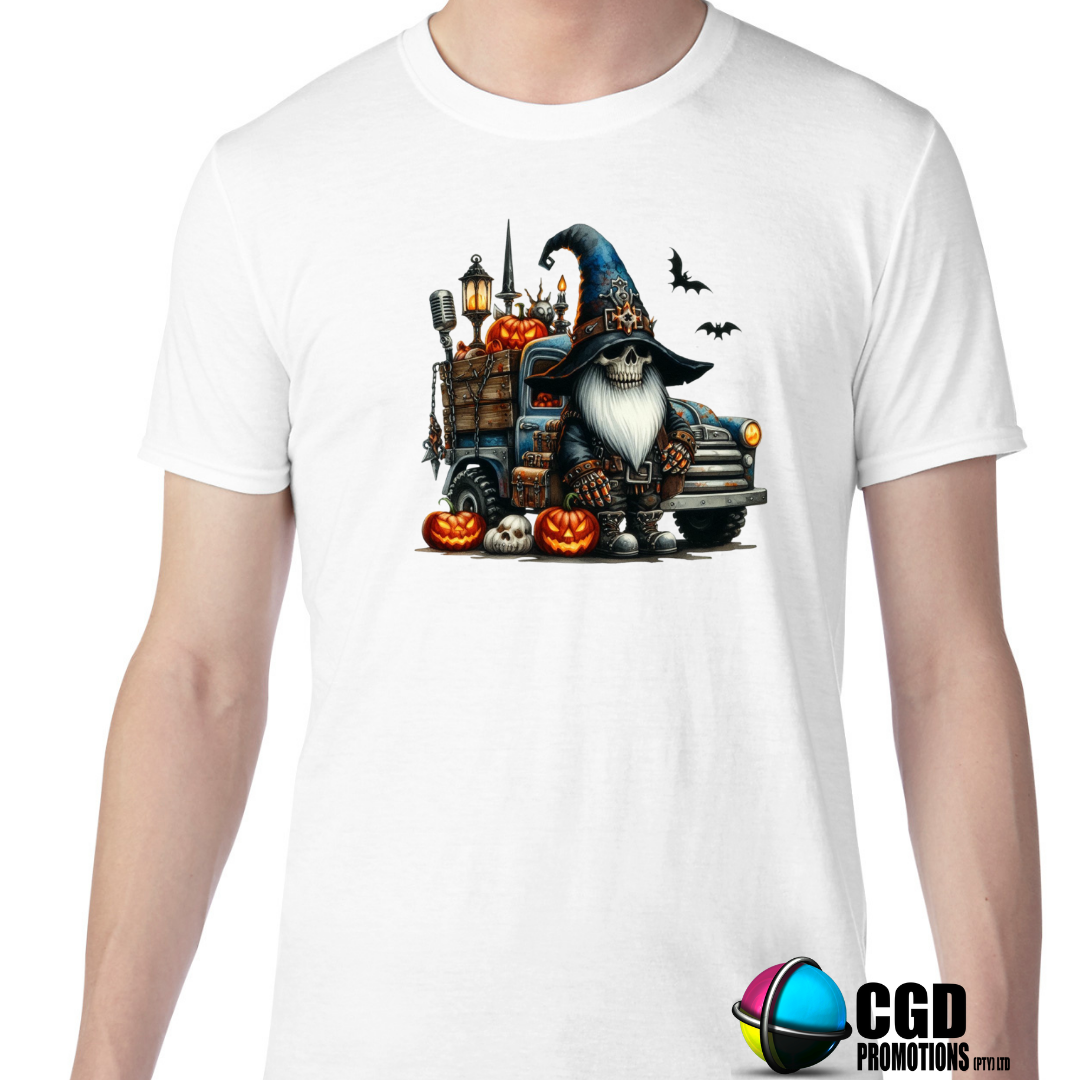 Skull Gnome with a Blue Hat Pitch Forks and Pumpkin Halloween T-shirts Adult Printed Shirt - Unisex & Ladies Fitted