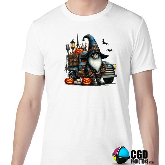 Skull Gnome with a Blue Hat Pitch Forks and Pumpkin Halloween T-shirts Adult Printed Shirt - Unisex & Ladies Fitted