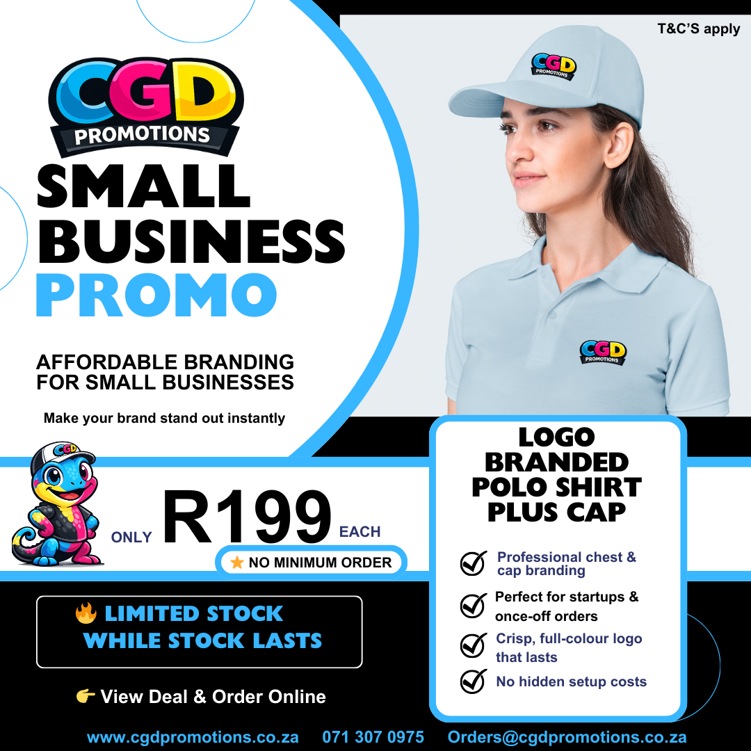 Branded polo shirt and free cap custom printed South Africa