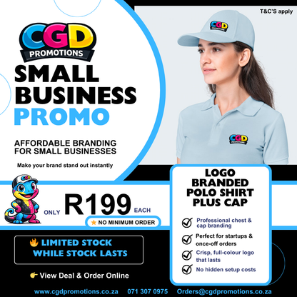 Branded polo shirt and free cap custom printed South Africa