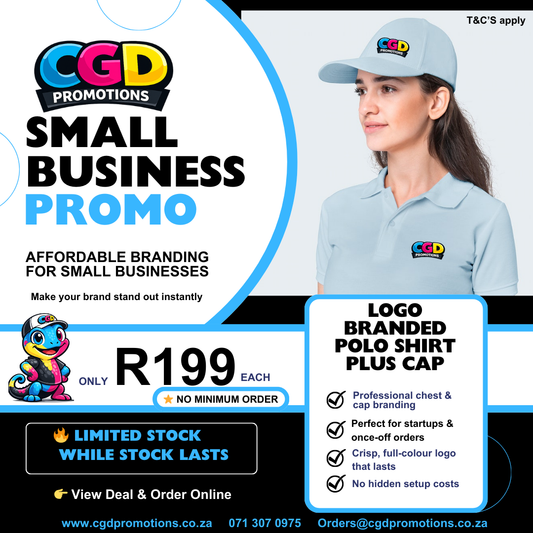 Branded polo shirt and free cap custom printed South Africa
