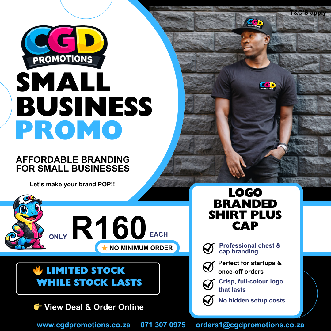 "small business custom printed shirt with free cap promo South Africa"