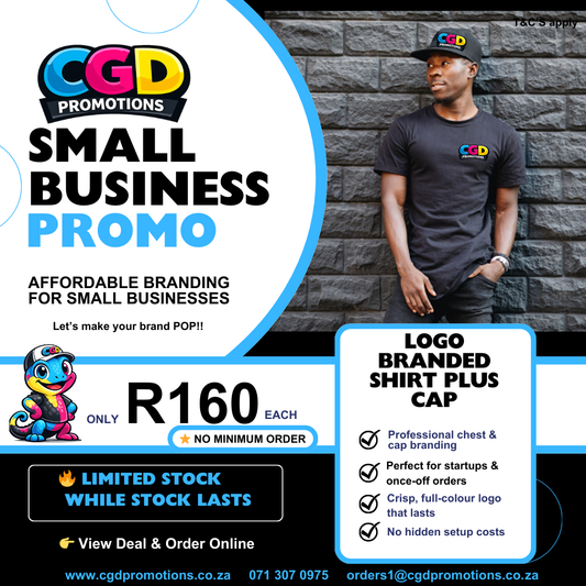 "small business custom printed shirt with free cap promo South Africa"