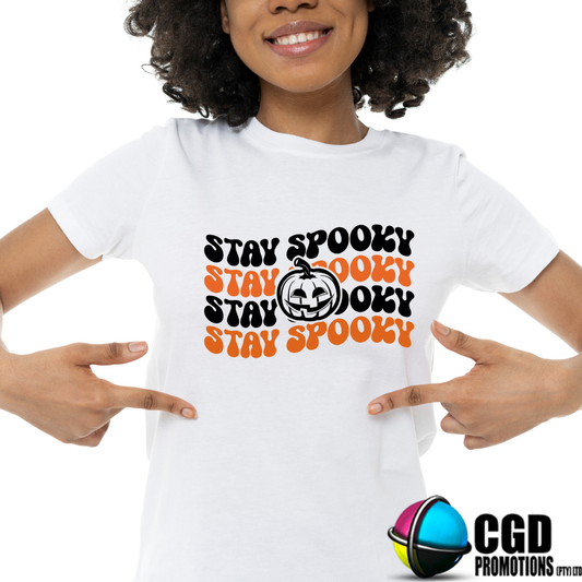 Stay Spooky Wording and Pumpkin - Halloween Matching T-shirts Adult & Kids Printed Shirt - Unisex, Ladies Fitted & Kids (Copy)