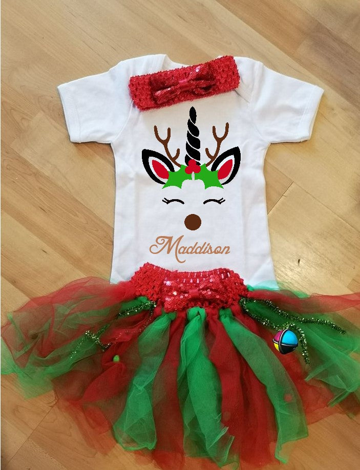 Christmas Unicorn with Printed Name First Christmas Tutu Outift with Headband