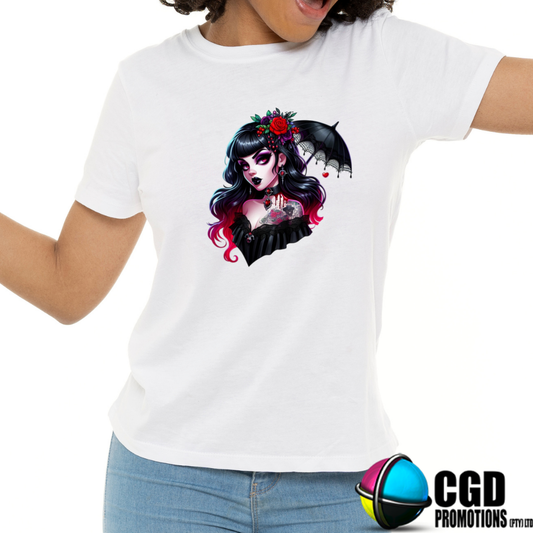 Vintage Goth with Flowers & Umbrella - Halloween T-shirts Adult Printed Shirt - Men's Unisex, Ladies Fitted
