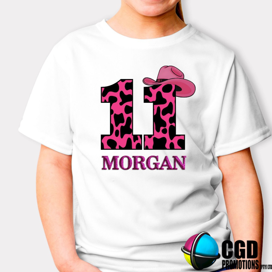 Pink Cowgirl Theme Birthday Shirt - Unisex, Ladies Fitted & Kids