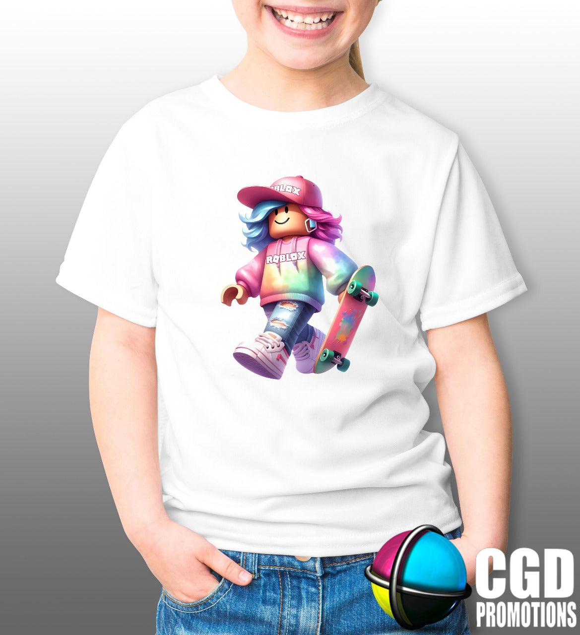 Girls colourful Roblox Girl with skateboard Printed Gaming Shirt