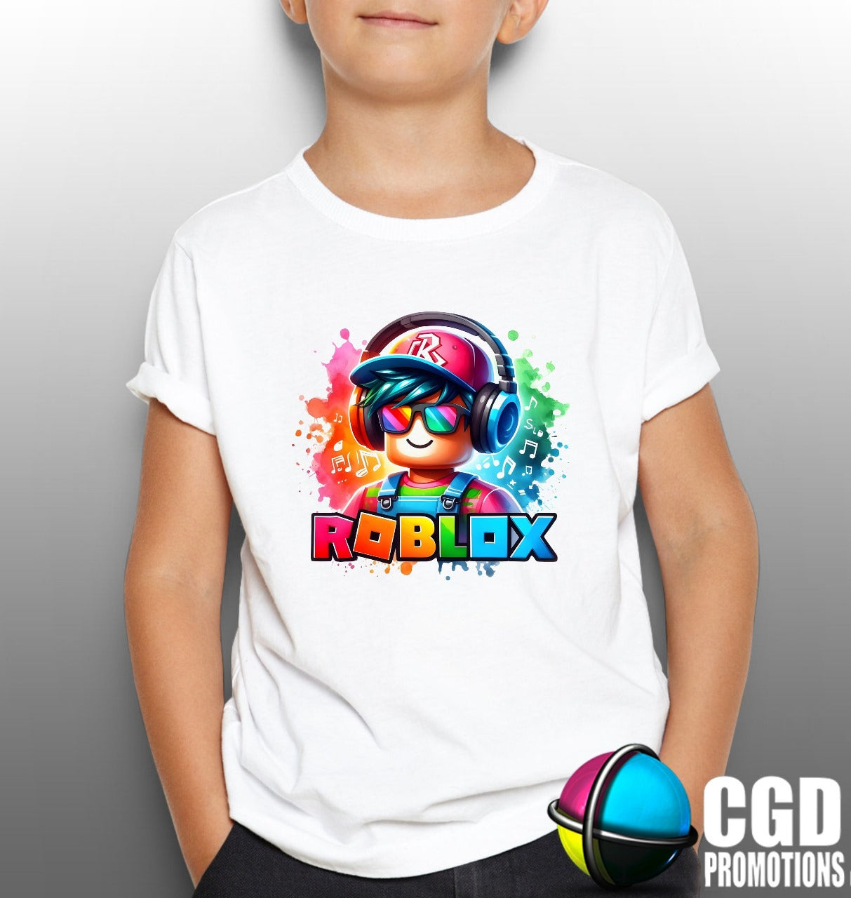 Colourful Roblox Character with Roblox Logo Headset Kids Printed Gaming Shirt