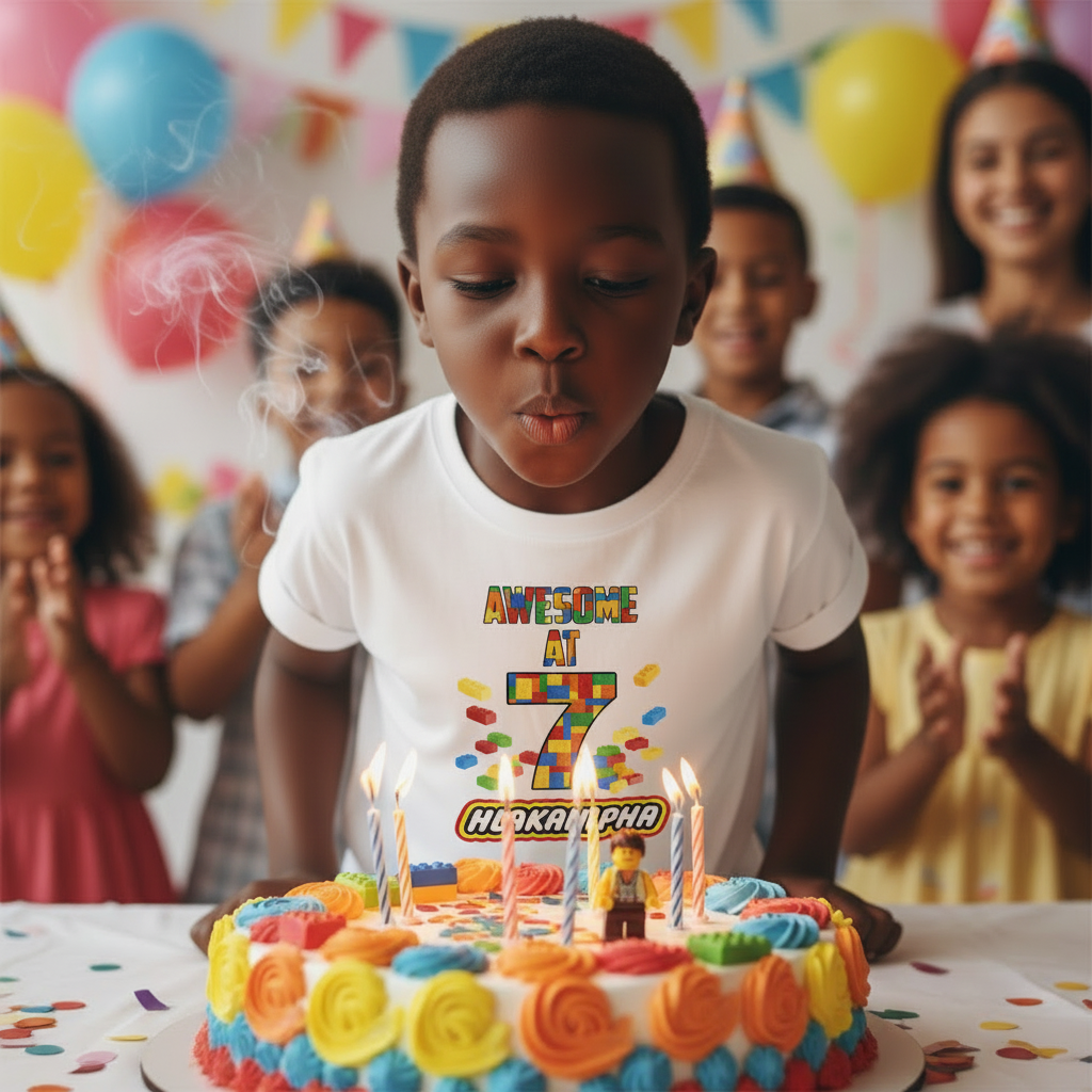 Child wearing building blocks birthday shirt at birthday party