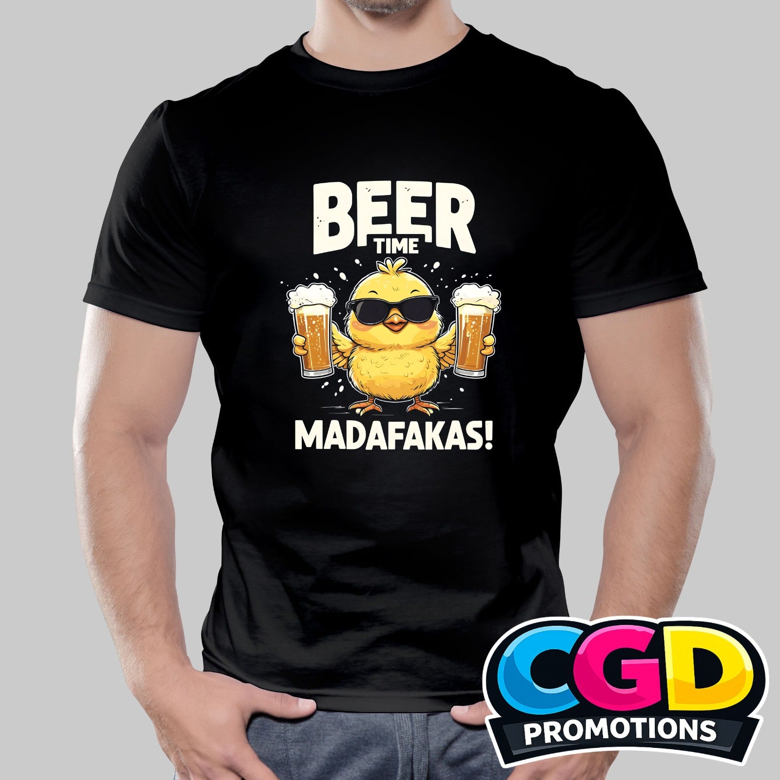 Beer Time funny beer humour printed T-shirt design with yellow bird graphic