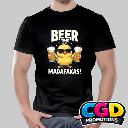 Beer Time funny beer humour printed T-shirt design with yellow bird graphic