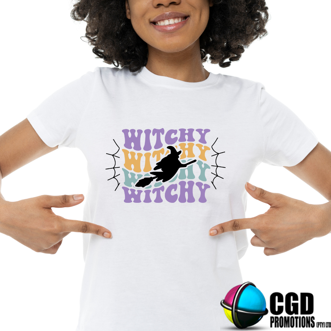 Witchy Witchy Witchy in Purple, Yellow and Green - Halloween T-shirts Adult Printed Shirt - Men's Unisex, Ladies Fitted (Copy)