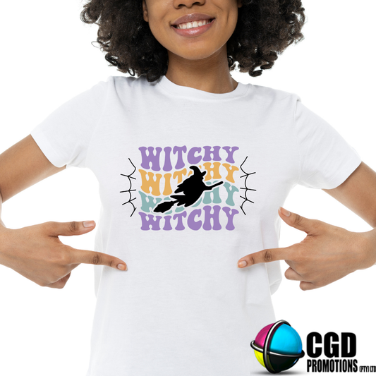 Witchy Witchy Witchy in Purple, Yellow and Green - Halloween T-shirts Adult Printed Shirt - Men's Unisex, Ladies Fitted (Copy)