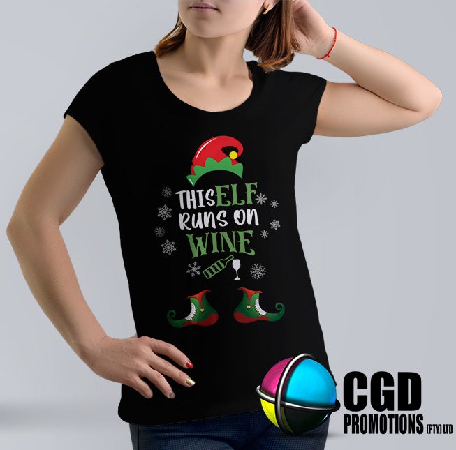 This Elf Runs on Wine Christmas Printed Shirt