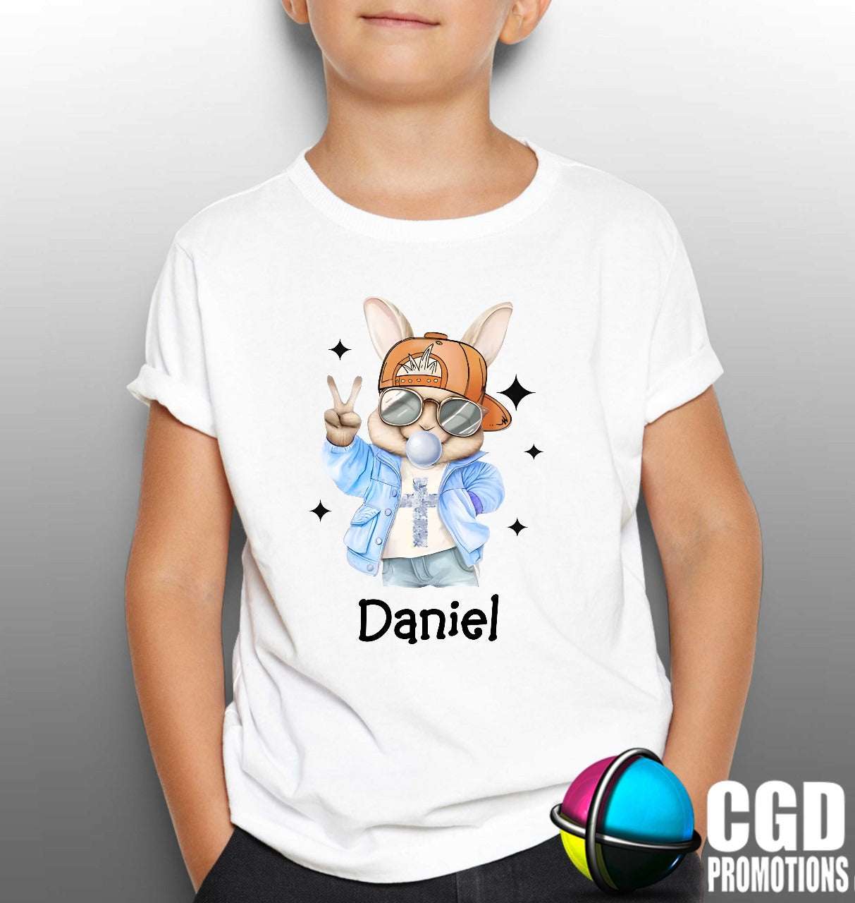 Retro Cool Bunny With Hat or Bow and Floral Cross Boy & Girl Bunny Kids Printed Shirts