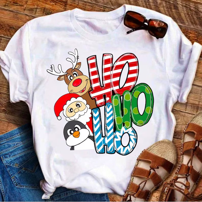 HO HO HO Christmas T-shirt with Santa, reindeer and penguin characters