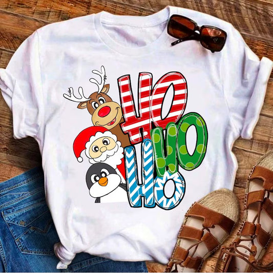 HO HO HO Christmas T-shirt with Santa, reindeer and penguin characters