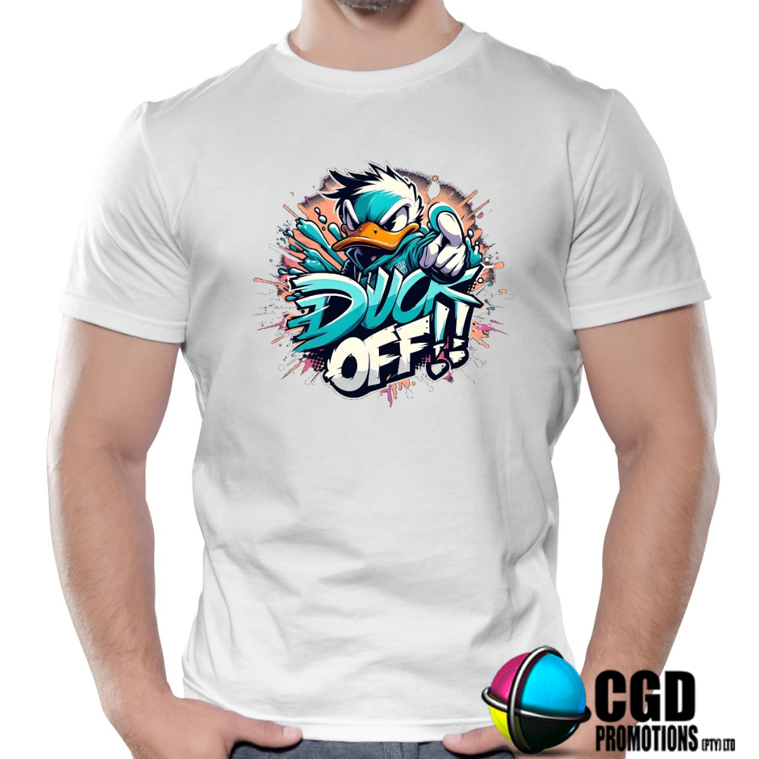 Duck Off!! Funny Angry Duck Shirts – Quack Up with Attitude Printed Tshirt- Matching Adult Unisex, Ladies Fitted & Kids  duck pointing angry finger
