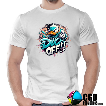 Duck Off!! Funny Angry Duck Shirts – Quack Up with Attitude Printed Tshirt- Matching Adult Unisex, Ladies Fitted & Kids  duck pointing angry finger
