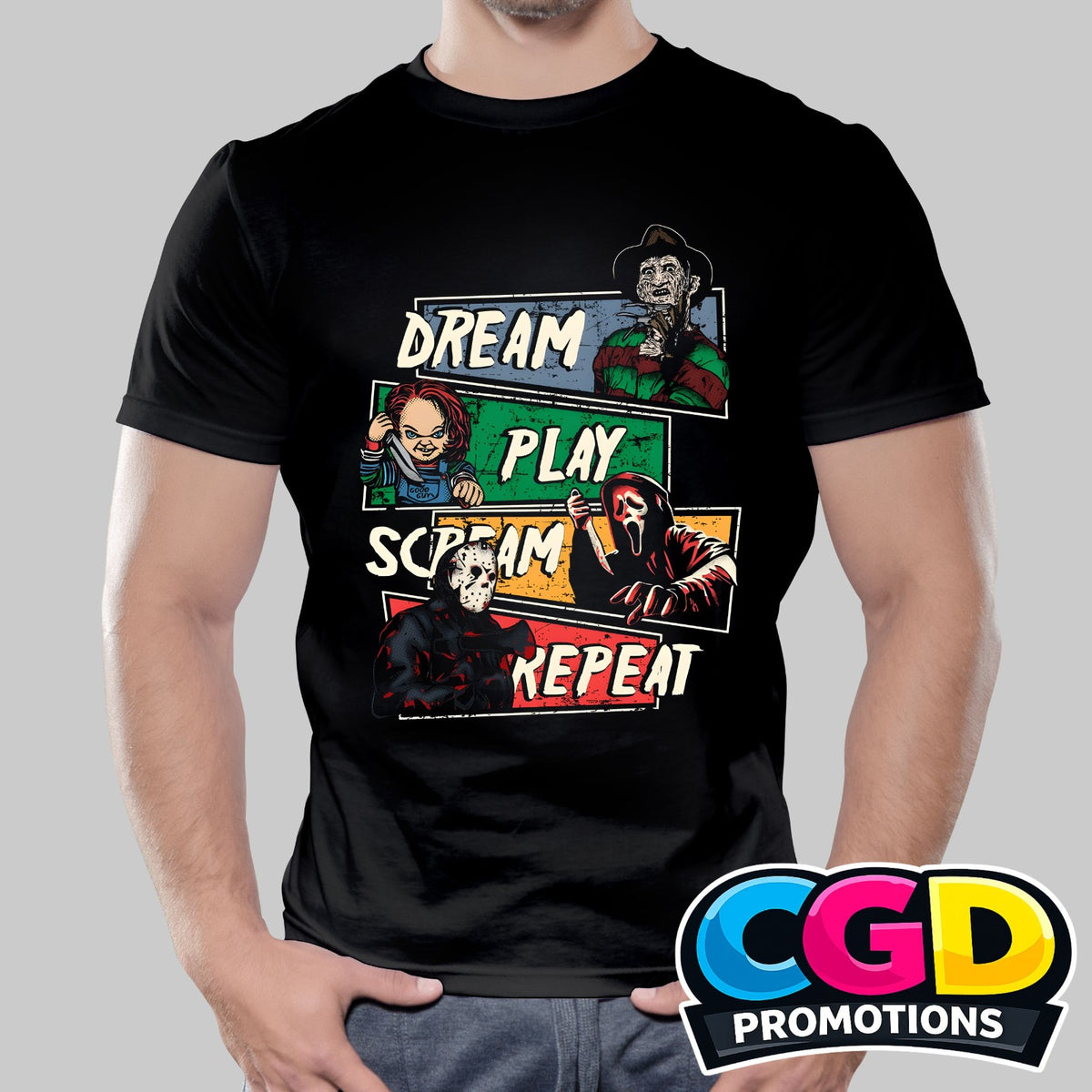 Dream Play Scream Repeat printed T-shirt with serial killer horror Halloween design
