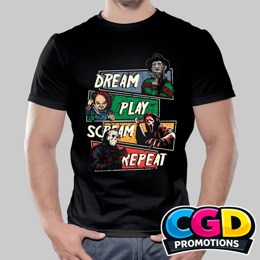 Dream Play Scream Repeat printed T-shirt with serial killer horror Halloween design