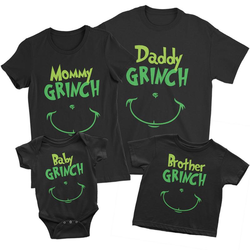 Grinch Family Green & Black Family of 4 Matching Printed Shirts (2 kiddies T-Shirt Option)