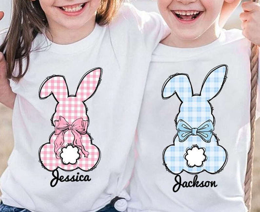 Plaid Pink & Bllue Personalised Boy & Girl Bunny Kids Easter Printed Shirts