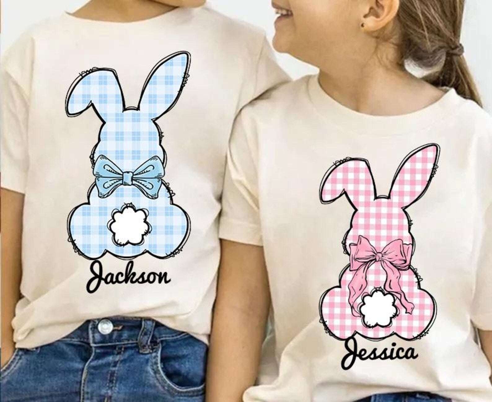 Plaid Pink & Blue Personalised Boy & Girl Bunny Kids Easter Printed Shirts