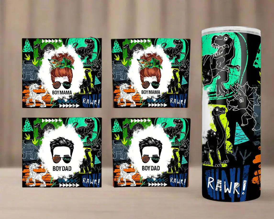 Boy Mama Boy Dad Retro Jurassic Multi Colour Mother's Day / Father's Day Tumbler