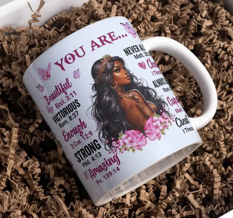 You Are… Faith-Based Mug with Bible Verses & Crowned Woman – Faith-Based Gift | Inspirational Christian Gift