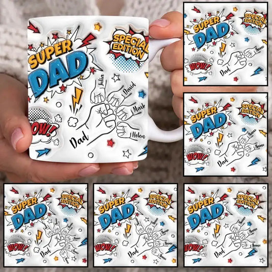 Title
Custom Up to 6 Kids Holding Super Dad Dad's Hand with Names Mug / Tumbler
