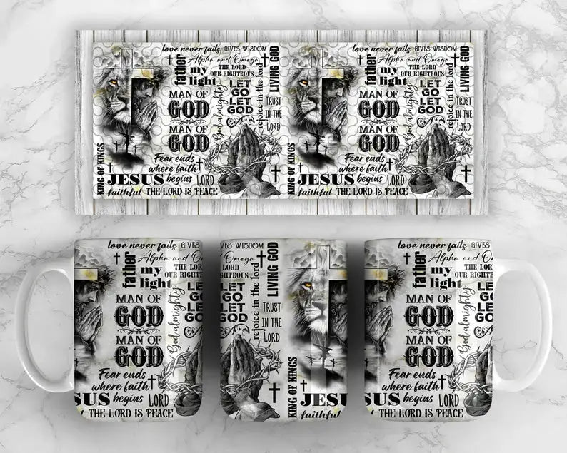Man of Faith Mug with Black & White Print – Faith-Based Gift | Lion, Cross, Crown Design