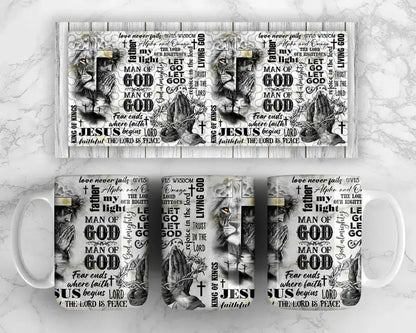 Man of Faith Mug with Black & White Print – Faith-Based Gift | Lion, Cross, Crown Design