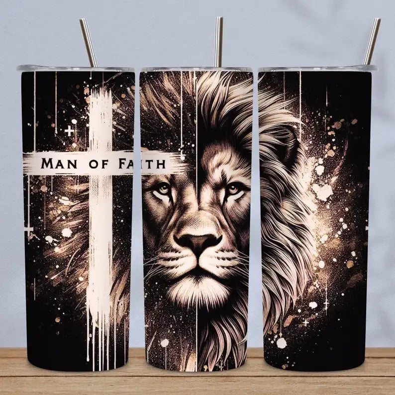 Man of Faith Lion Tumbler – Christian Father's Day Gift for Dad | Faith-Based Gift