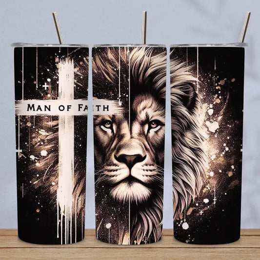 Man of Faith Lion Tumbler – Christian Father's Day Gift for Dad | Faith-Based Gift