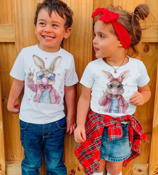 Retro Bunny blowing bubbles Boy & Girl Bunny Kids Printed Shirts