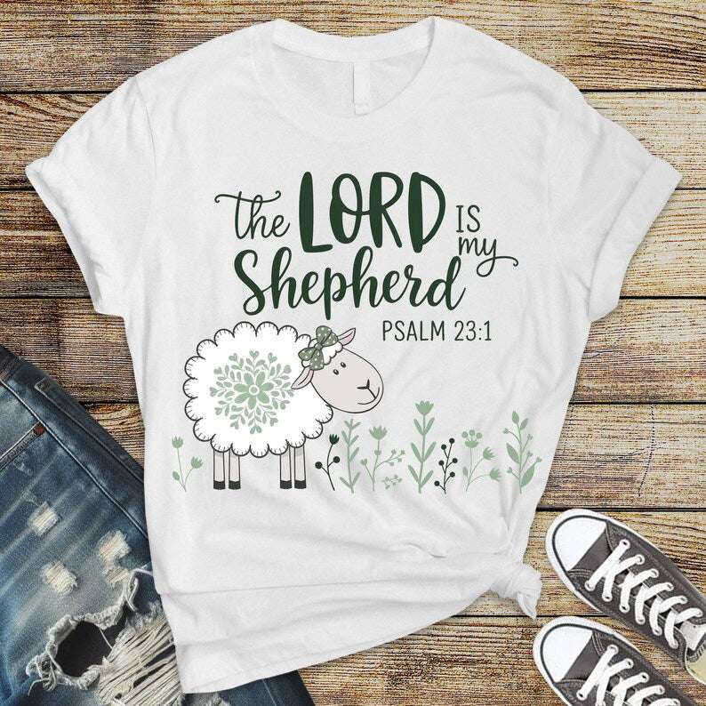 The Lord is my Shepherd Psalms 23:1 with Cute Sheep Mint Green Theme - Adult & Kids Easter Printed Shirts - Unisex, Ladies Fitted & Kids (Faith-based)