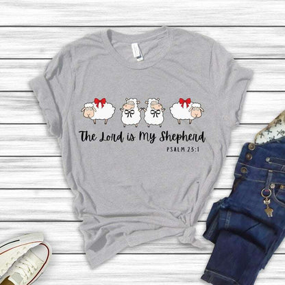 The Lord is my Shepherd Psalms 23:1 with 4x Cute Sheep- Adult & Kids Easter Printed Shirts - Unisex, Ladies Fitted & Kids | Faith-Based Shirt