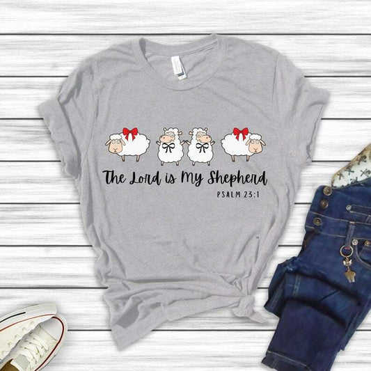 The Lord is my Shepherd Psalms 23:1 with 4x Cute Sheep- Adult & Kids Easter Printed Shirts - Unisex, Ladies Fitted & Kids | Faith-Based Shirt