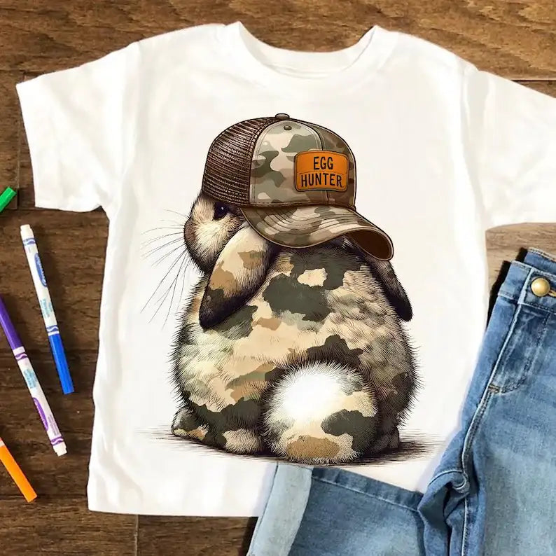 Camo Egg Hunter Fluffy Bunny Kids Easter Printed Shirt
