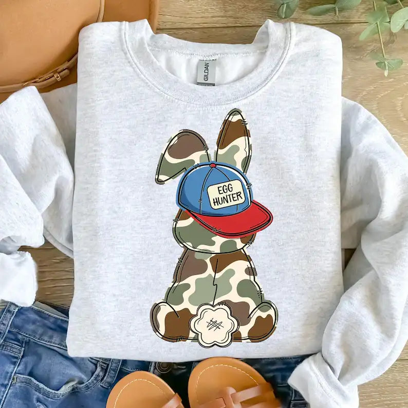 Camo Egg Hunter Bunny Bunny Kids Easter Printed Shirts
