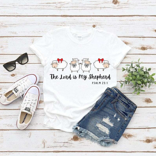 The Lord is my Shepherd Psalms 23:1 with 4x Cute Sheep- Adult & Kids Easter Printed Shirts - Unisex, Ladies Fitted & Kids (Faith-based)