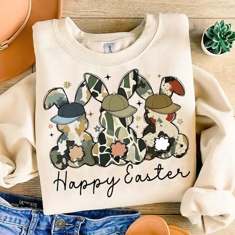Camo Three Bunny Happy Easter Adult & Kids Easter Printed Shirts - Unisex, Ladies fitted & Kids