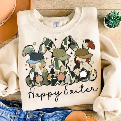 Camo Three Bunny Happy Easter Adult & Kids Easter Printed Shirts - Unisex, Ladies fitted & Kids