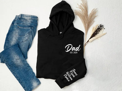Dad Est Pocket Print Personalised with Children Names on Sleeve & Heart Unisex Father's Day Printed Hoodie / Sweater Gift for Dad