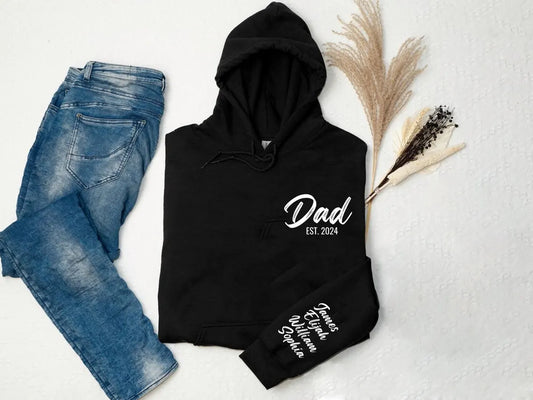 Dad Est Pocket Print Personalised with Children Names on Sleeve & Heart Unisex Father's Day Printed Hoodie / Sweater Gift for Dad