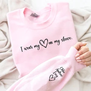 I wear my heart on my Sleeve Children Names on Sleeve & Heart Unisex Mother's Day Printed Hoodie / Sweater